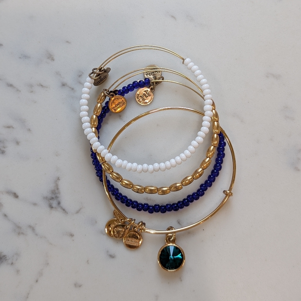 Alex + Ani Bangle Set of 4 - Mix of Emerald Green Charm, Beaded Bracelets